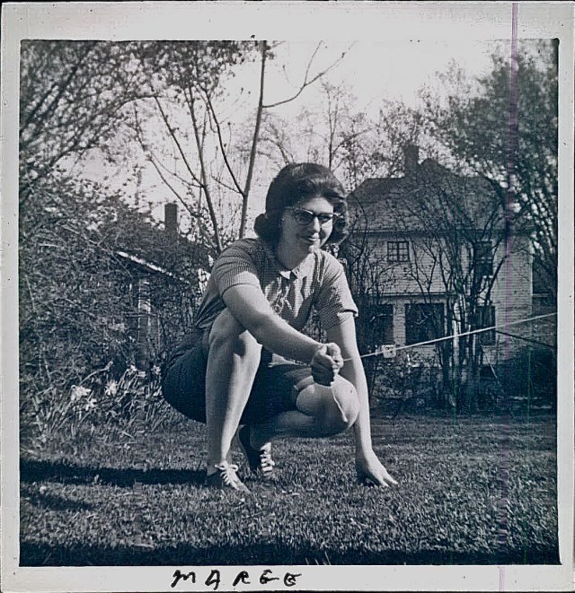 Marge in rear yard of 133 Leroy 