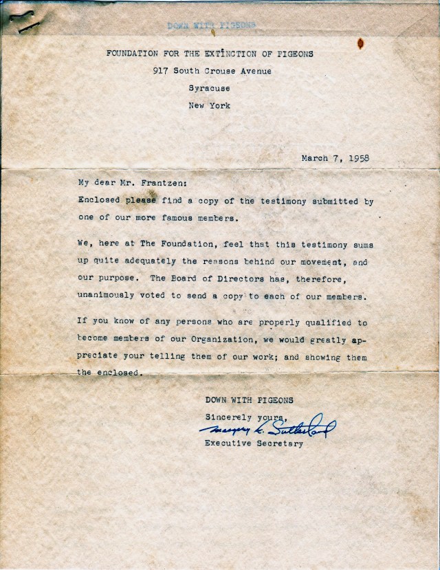 Pigeon letter from Marge