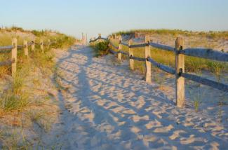 Fenced sandy path to beach at Island Beach State Park of NJ at Sunset